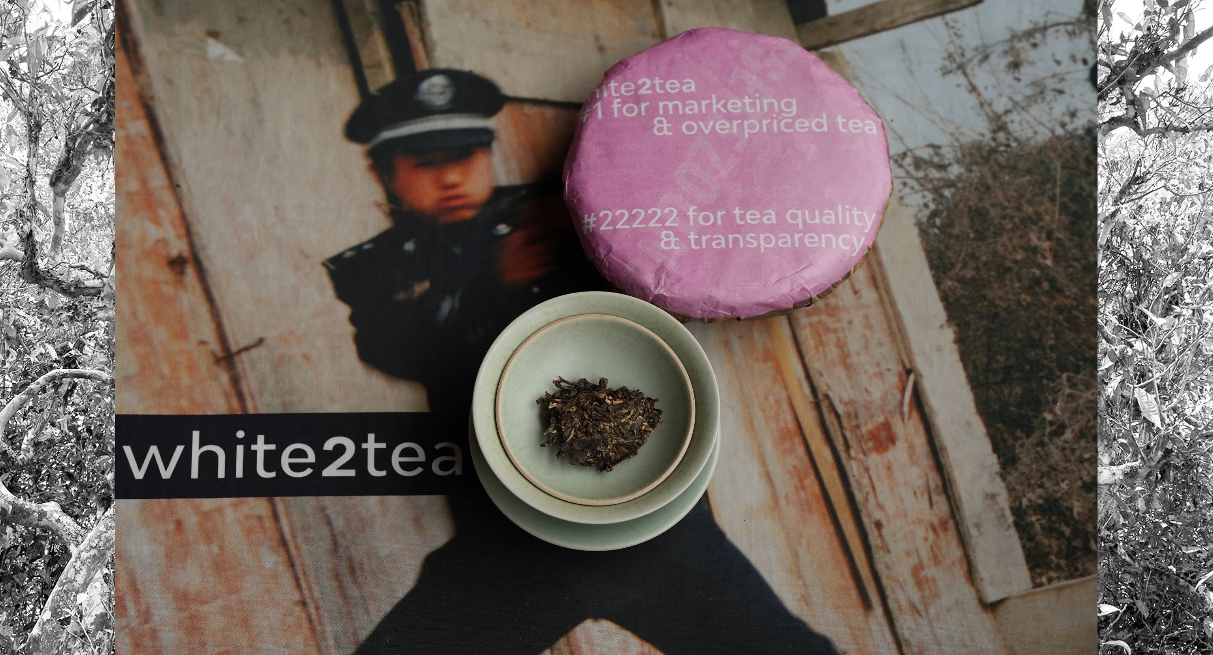 white2tea snoozefest cake and tea portion in gaiwan on tea cloth with police officer printed in background